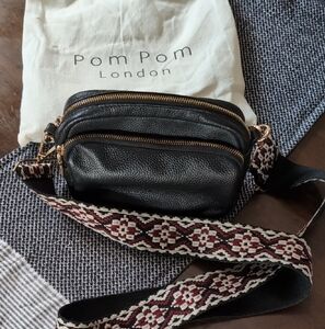 Pom Pom London Black Crossbody Bag with Patterned Strap